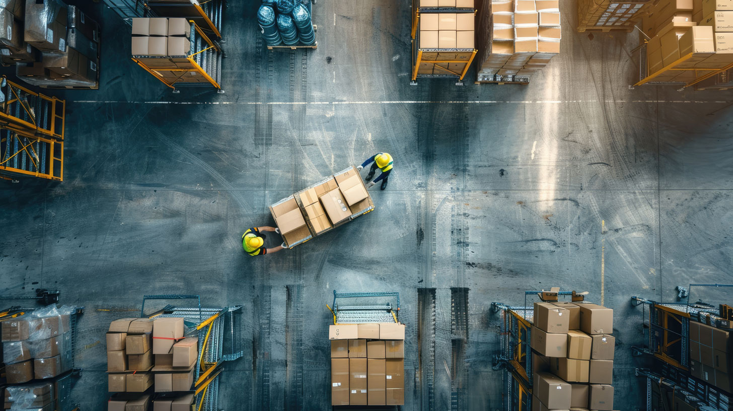 Two workers wearing yellow helmets moving a cart loaded with cardboard boxes in a warehouse.