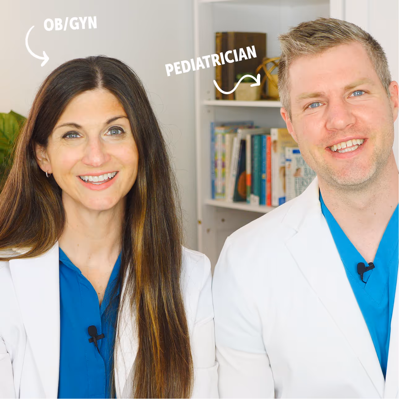 Dr. Sarah and Kurt Bjorkman smiling with a bookshelf and plant in the background.
