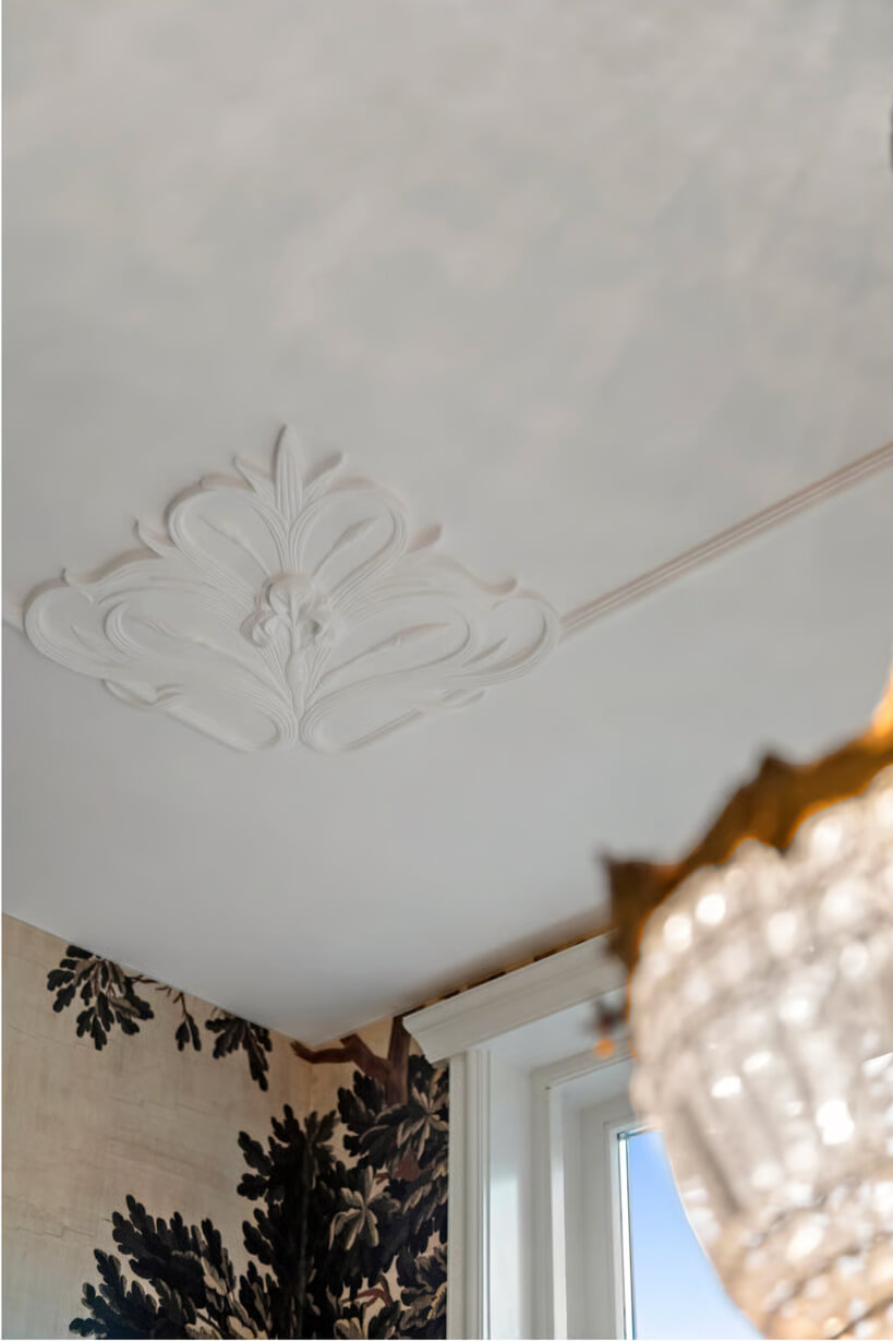 Cattenburg interieur design. Witte plafondrozet met sierlijke decoratie, een deel van een kroonluchter en een raam met uitzicht op een blauwe lucht en muur met bladmotief.