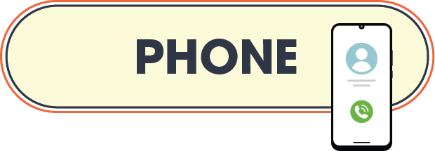 Rounded rectangular button with the word PHONE in bold letters and an icon of a smartphone displaying a user profile and call button.