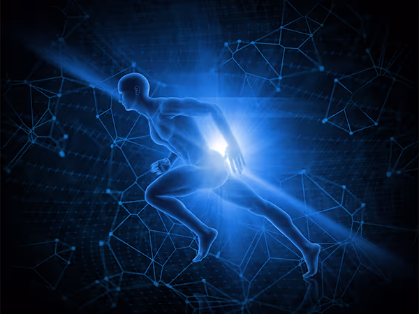 A 3D model of a human body with neurons surrounding it.