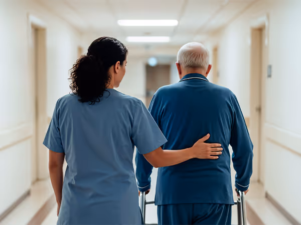 a female nurse helping an older male patient walk on a walker