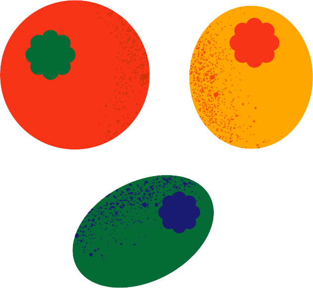 Illustration de trois olives colorées avec des taches, une rouge avec un calice vert sombre, une orange avec un calice rouge, et une verte ovale avec un calice bleu foncé.