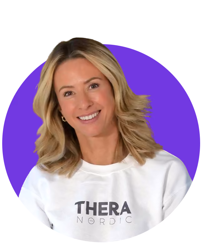 Smiling blonde woman wearing a white sweatshirt with the text 'THERA NORDIC' on it, posed against a purple circular background.