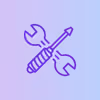 Purple wrench and screwdriver crossed on a blue and purple gradient background.