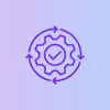 Purple outlined gear with a check mark inside, surrounded by a circular arrow, on a blue and purple gradient background.