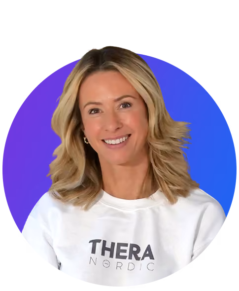 Smiling blonde woman wearing a white sweatshirt with 'THERA NORDIC' text on it, in front of a purple circular background.