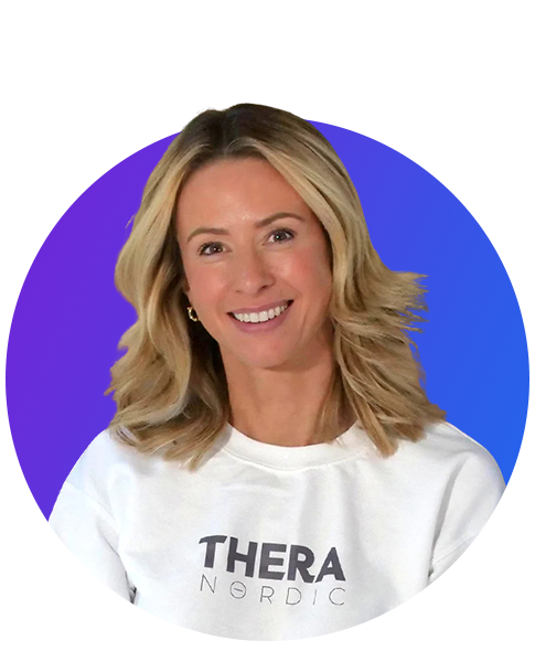 Smiling blonde woman wearing a white sweatshirt with 'THERA NORDIC' text on it, in front of a purple circular background.