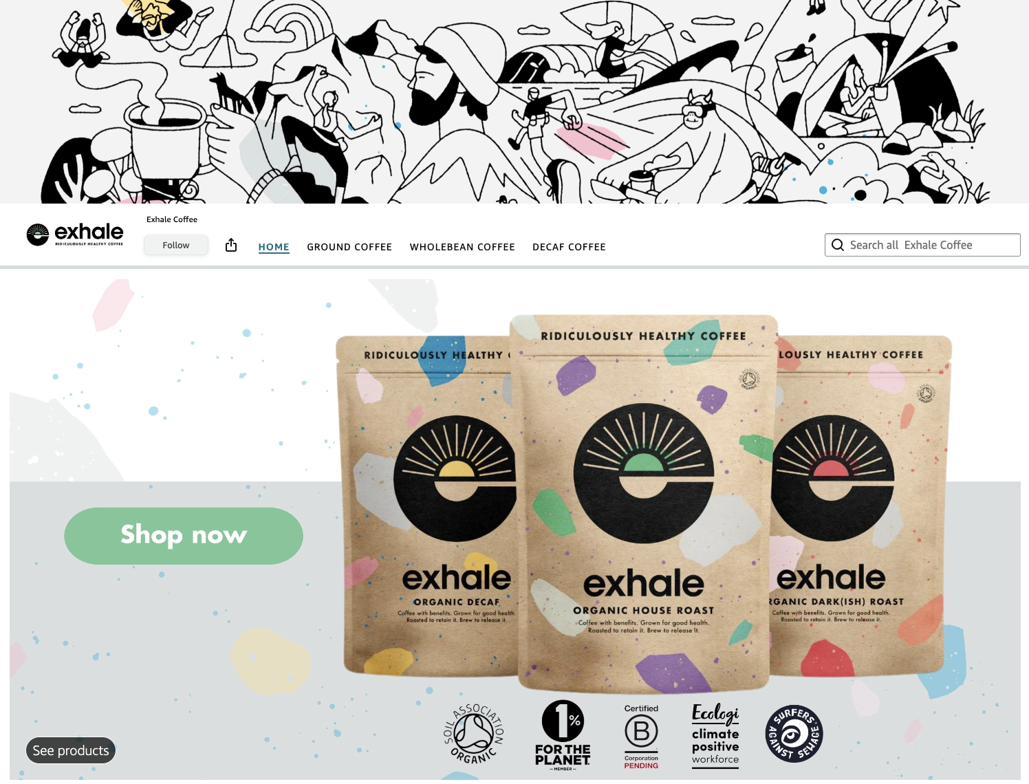 Exhale Coffee Amazon Brand Storefront designed by Galaxy