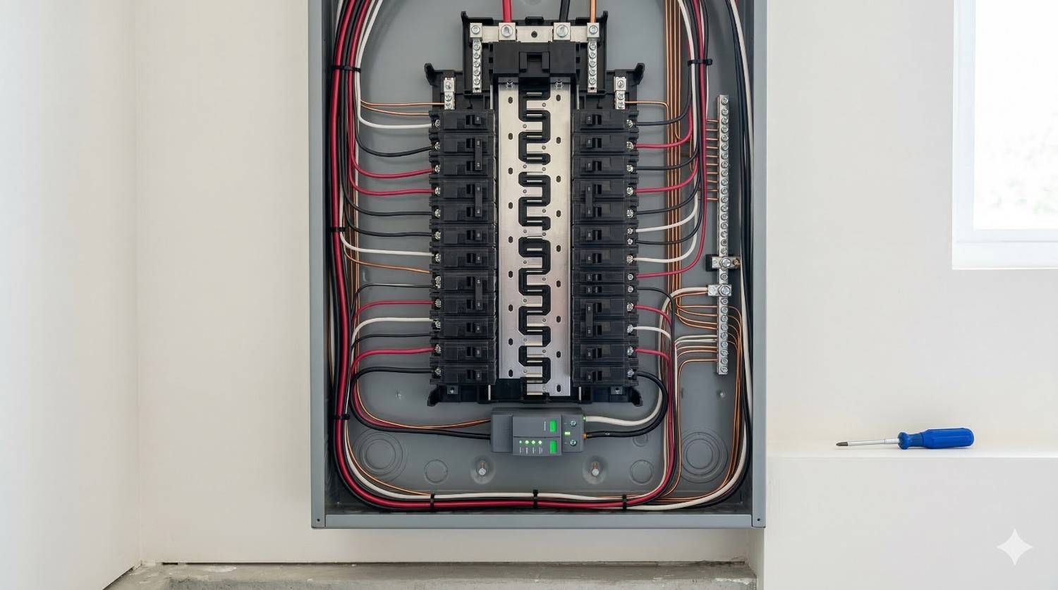Detailed view of wiring in main circuit breaker panel
