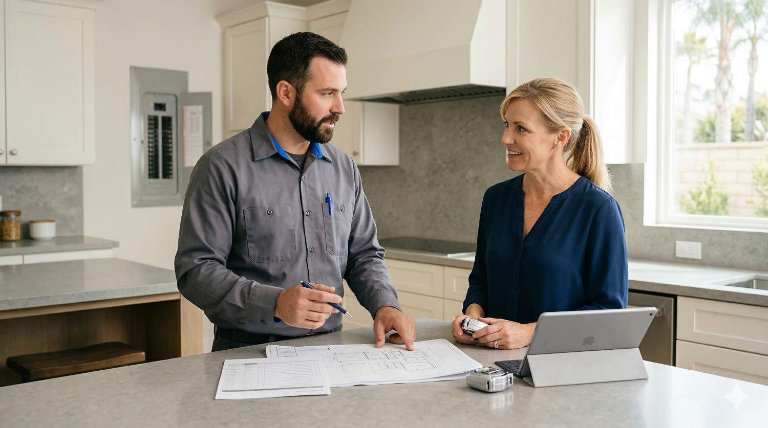 Electrician discussing main circuit breaker panel upgrade with homeowner