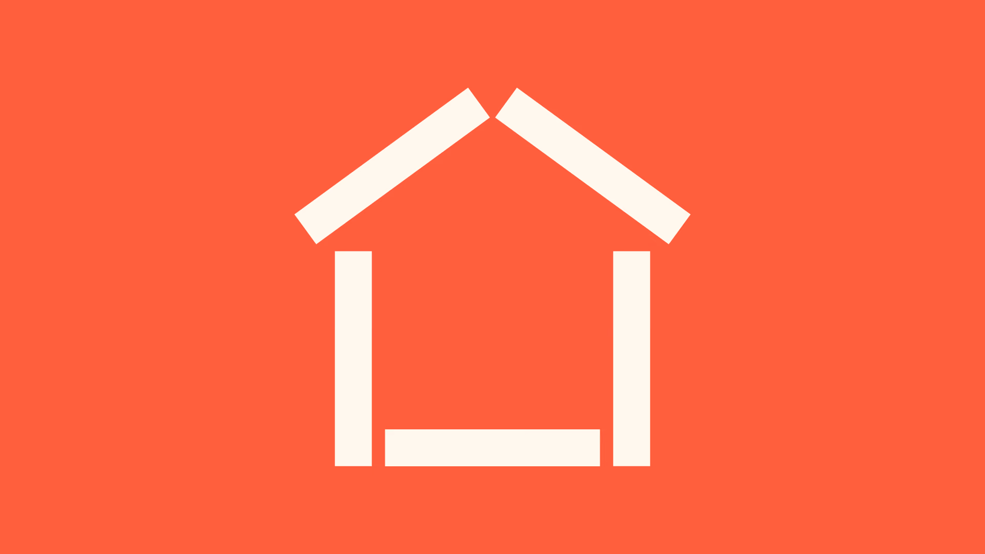Minimalist house outline made from six thick off-white lines on a solid bright orange background.