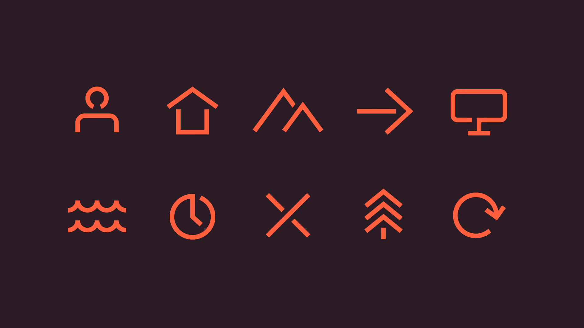 Two rows of simple orange line icons on a dark background: top row shows a person, home, mountains, arrow pointing right, and a computer monitor; bottom row shows water waves, clock, crossed lines, upward chevrons, and a circular arrow.