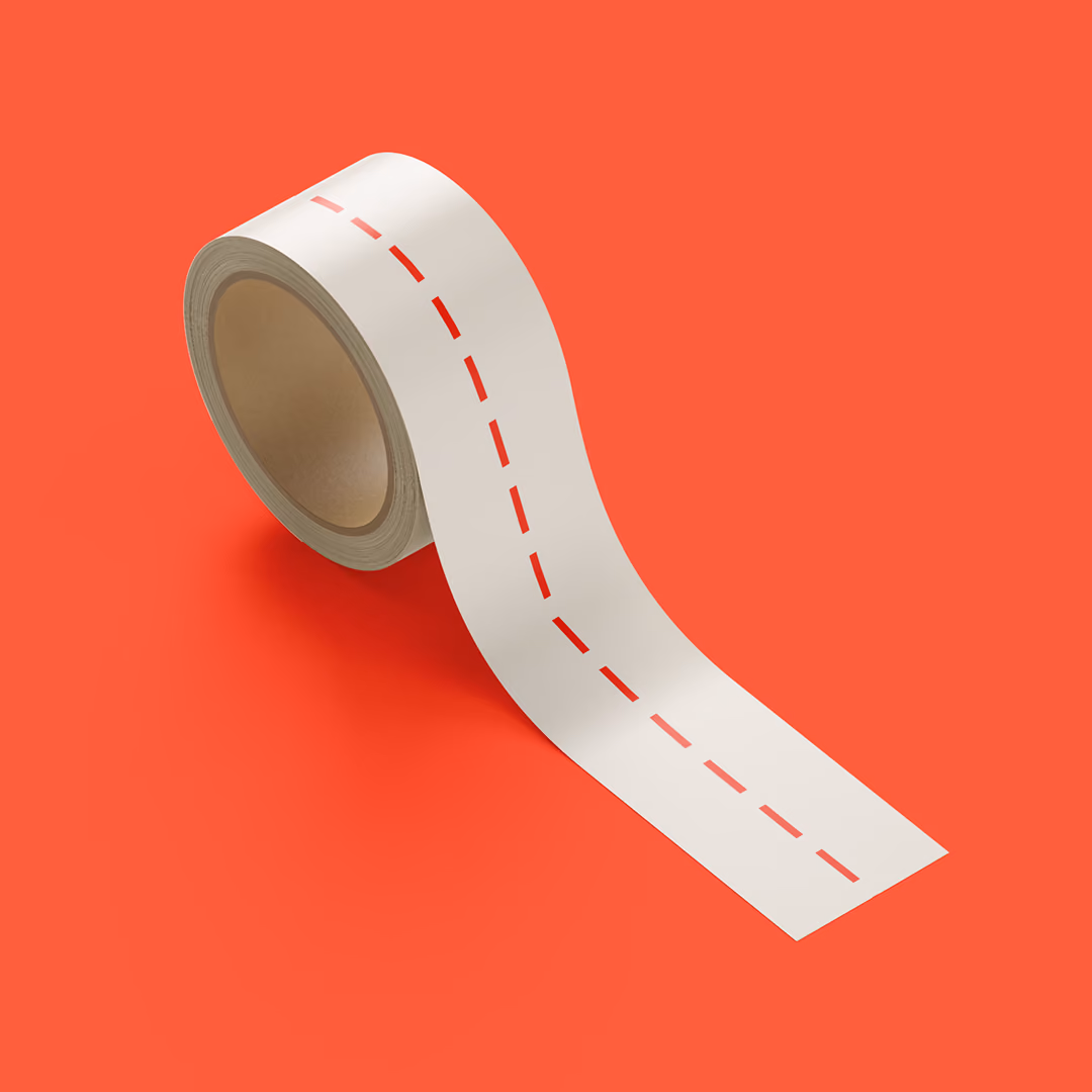 A roll of white tape with a dashed red line along its length, unspooling on a bright red background.