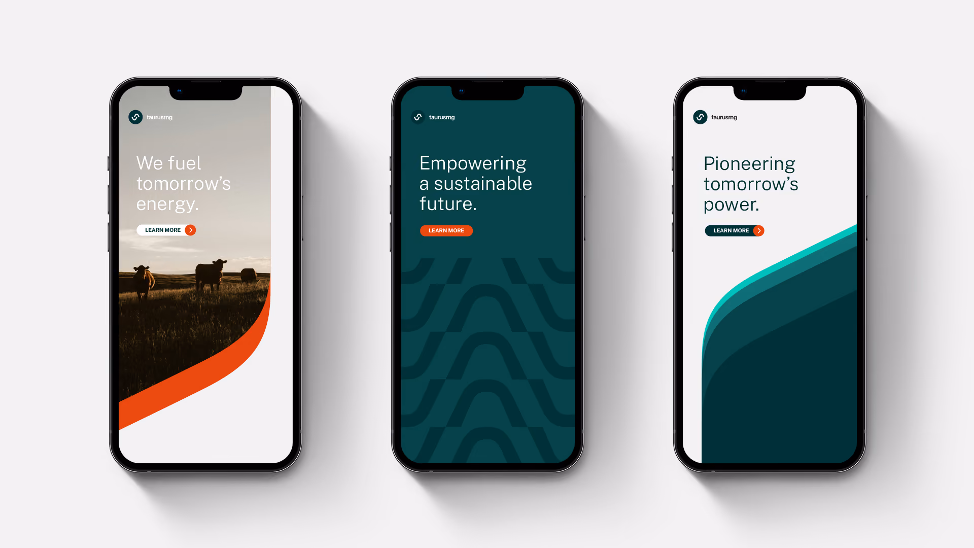 Three smartphones displaying screens with a clean, modern design. The left screen shows cows in a field with text 'We fuel tomorrow's energy.' and a 'Learn more' button. The middle screen has dark green background with abstract patterns and text 'Empowering a sustainable future.' plus a 'Learn more' button. The right screen displays abstract dark and teal shapes with text 'Pioneering tomorrow's power.' and a 'Learn more' button.