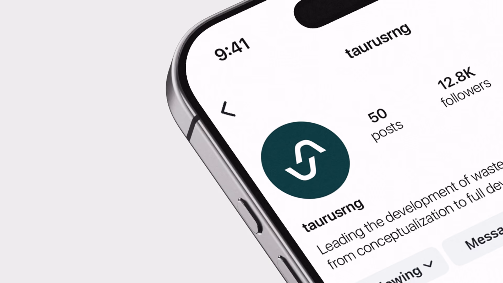 Close-up of a smartphone screen showing the Instagram profile of 'taurusrng' with 50 posts and 12.8K followers, featuring a white logo made from two arrows, one pointing up and the other down, on a dark green background.