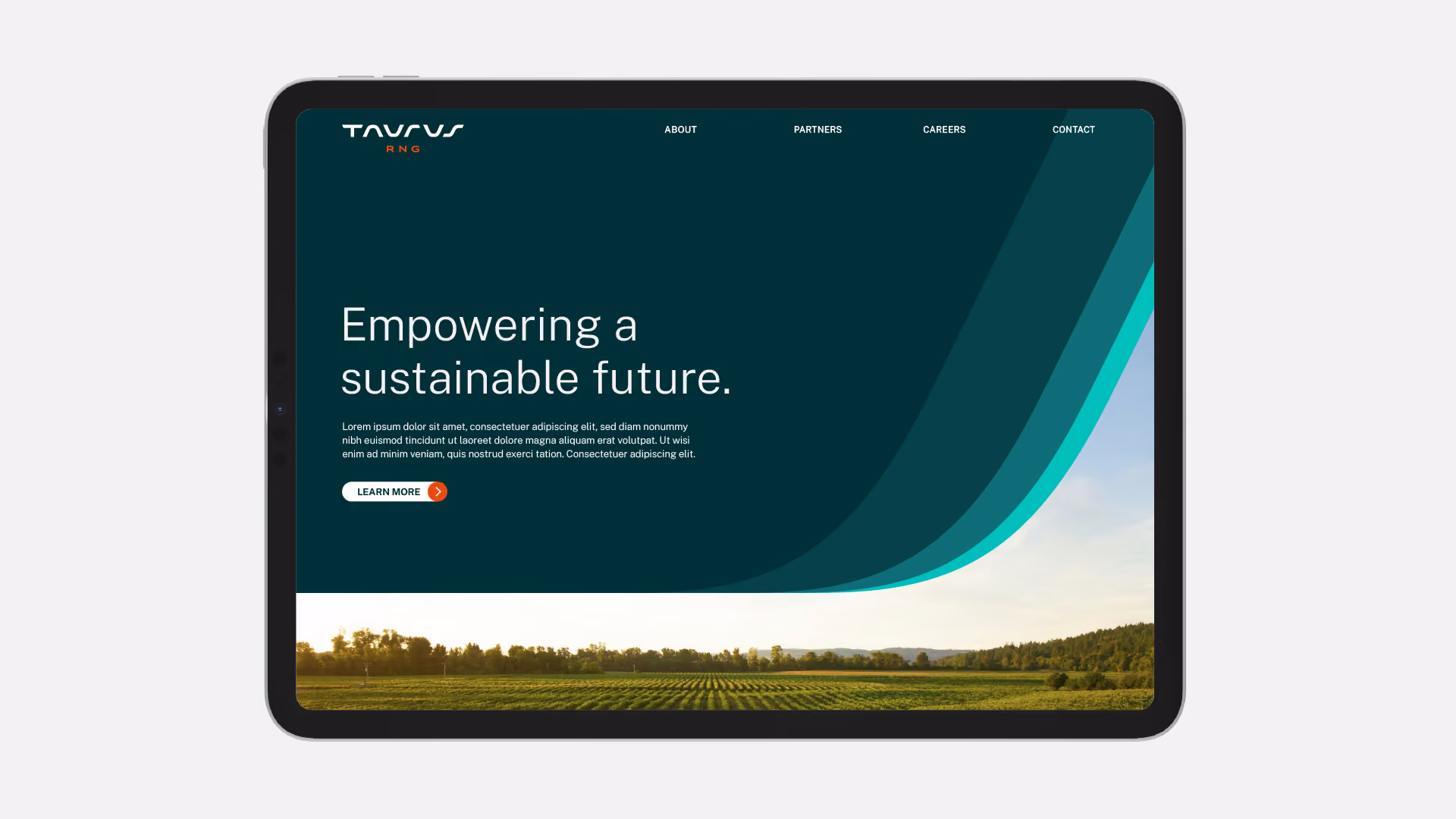 Tablet displaying a website homepage with dark green and teal design elements, the text 'Empowering a sustainable future.', navigation links 'About,' 'Partners,' 'Careers,' and 'Contact,' a 'Learn More' button, and a landscape photo of a field with trees and hills at sunset.