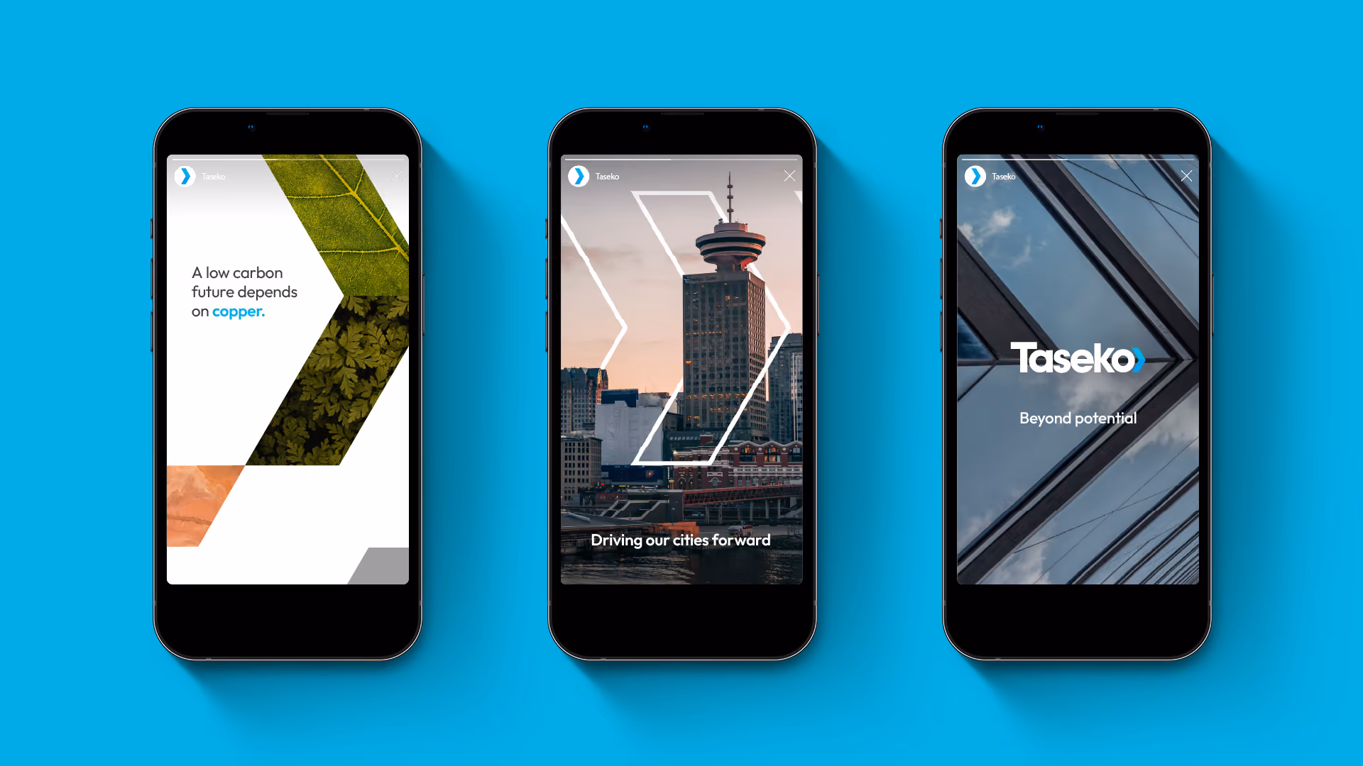 Three black smartphones against a blue background displaying social media designs for Taseko: the first with the text 'A low carbon future depends on copper.' and leaf images, the second showing a cityscape with 'Driving our cities forward,' and the third with the Taseko logo and 'Beyond potential.'