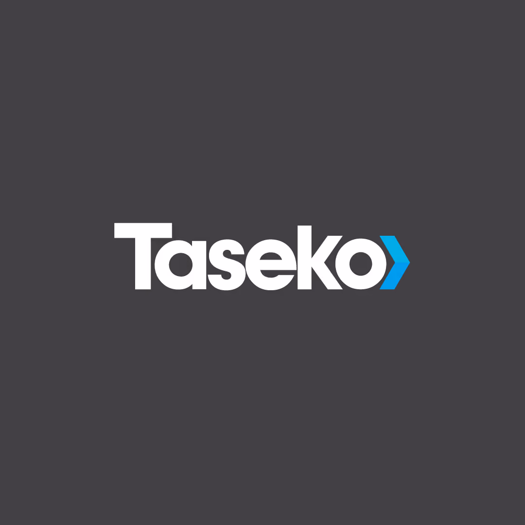Taseko logo with white bold text and a blue right-pointing arrow on a dark gray background.