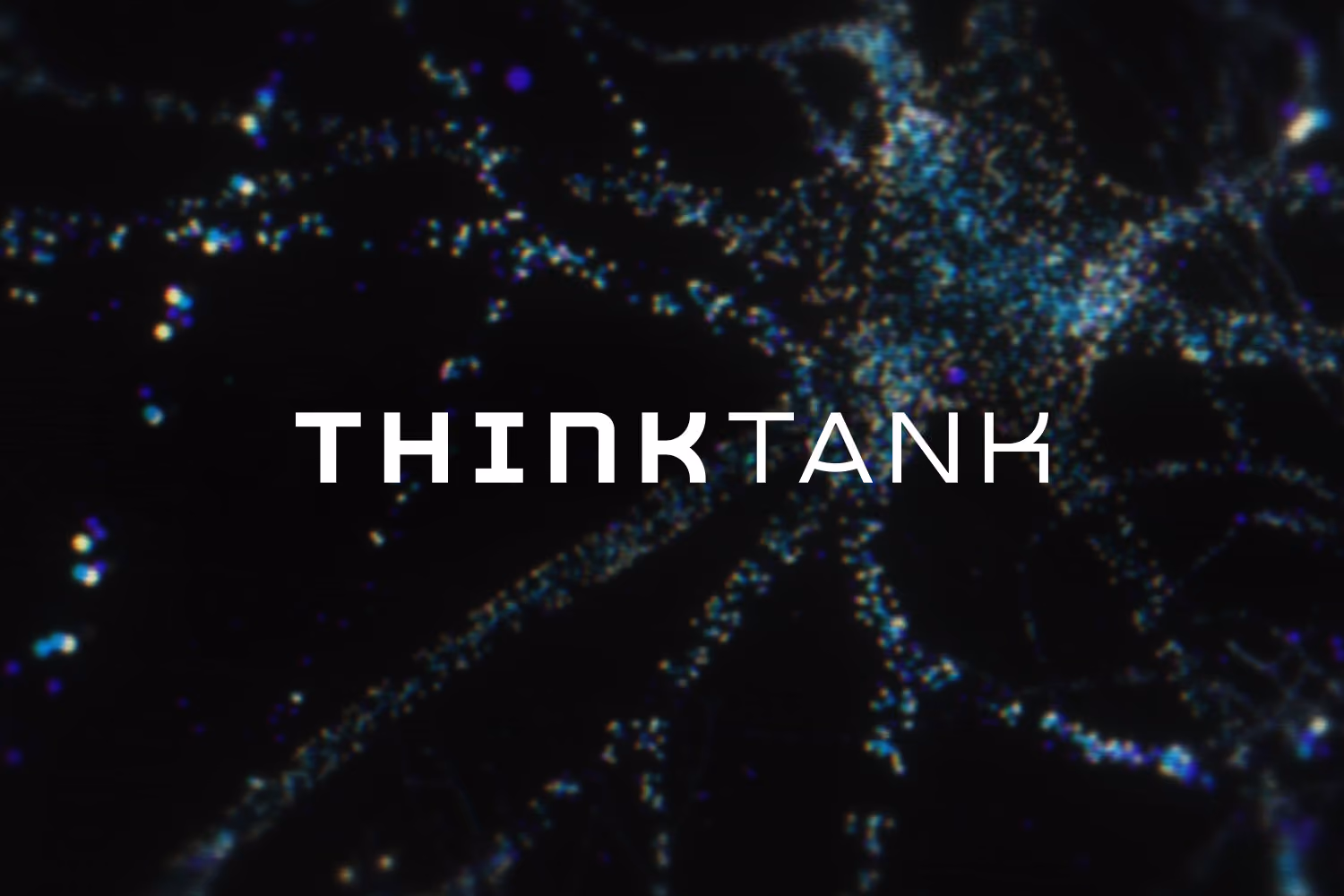 Logo reading 'THINK TANK' displayed in bold white type on a dark background with faint blue and white abstract light patterns resembling interconnected neural or network-like structures.