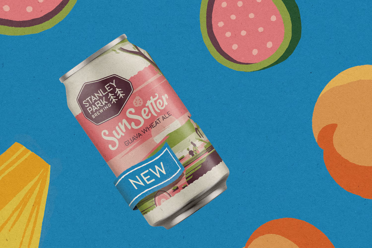A can of Stanley Park Brewing's Sun Setter Guava Wheat Ale with a blue label reading 'NEW' on a blue background decorated with colorful illustrations of guava and orange fruit slices.