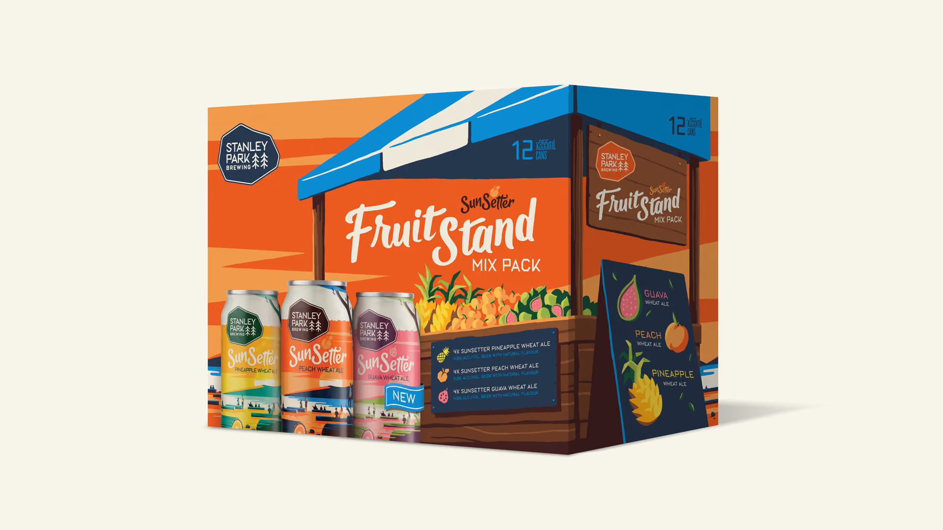 Stanley Park Brewing SunSetter Fruit Stand Mix Pack 12-pack packaging with illustrations of a fruit stand, pineapples, guava, and peaches, alongside three cans of SunSetter wheat ale in pineapple, peach, and guava flavors.