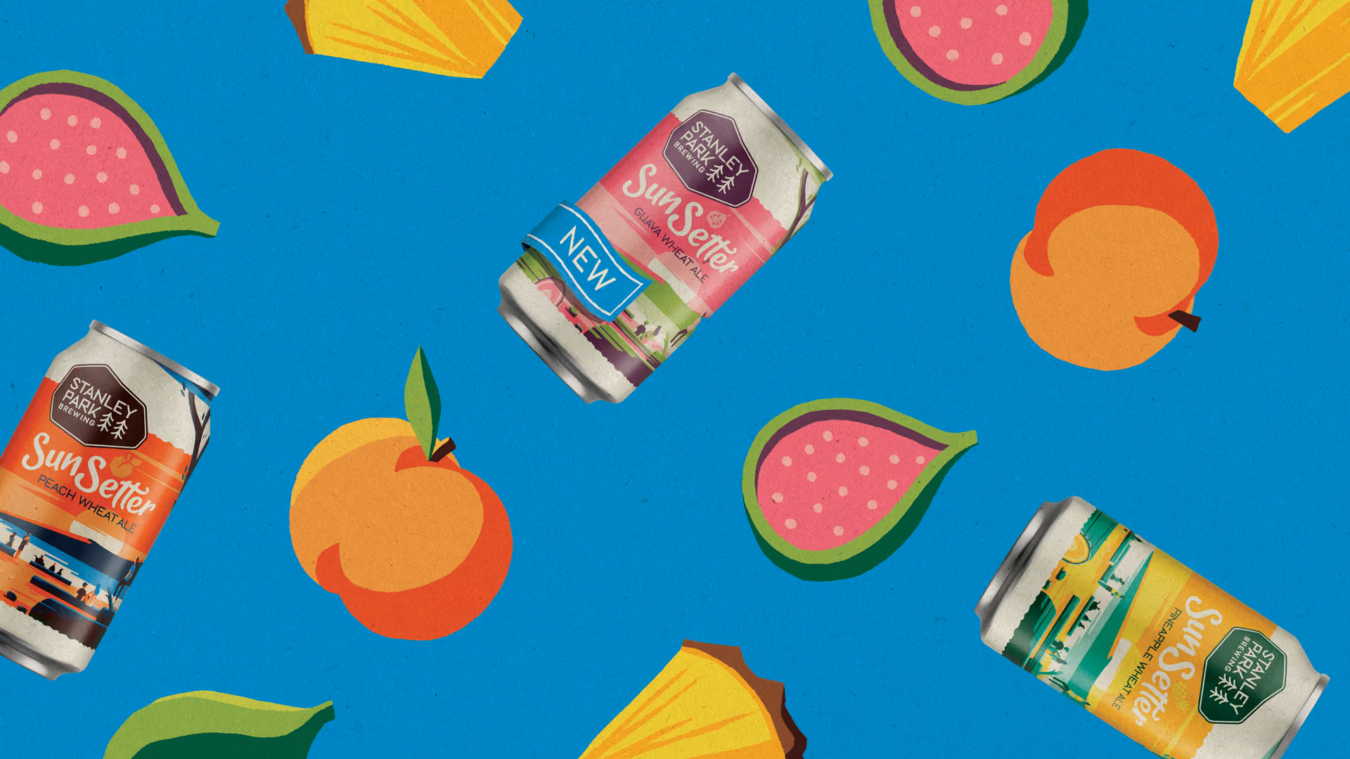 Three Stanley Park Brewing SunSetter beer cans on a blue background with illustrated fruit including watermelon slices, peach halves, and pineapple slices.