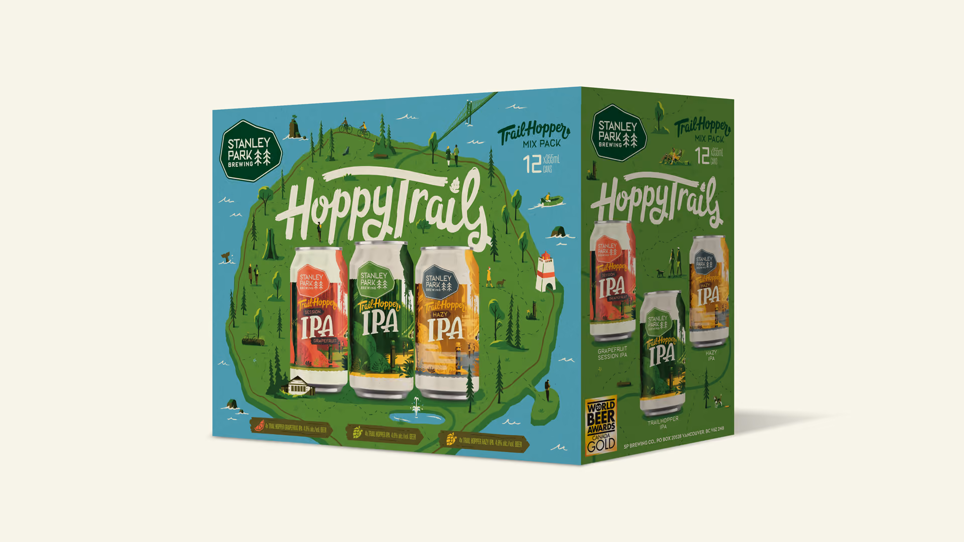 A 12-pack box of Stanley Park Brewing's Hoppy Trails Trail Hopper mix pack featuring three IPA cans with colourful labels on a green illustrated map background including trees, a lighthouse, a boat, and walking trails.