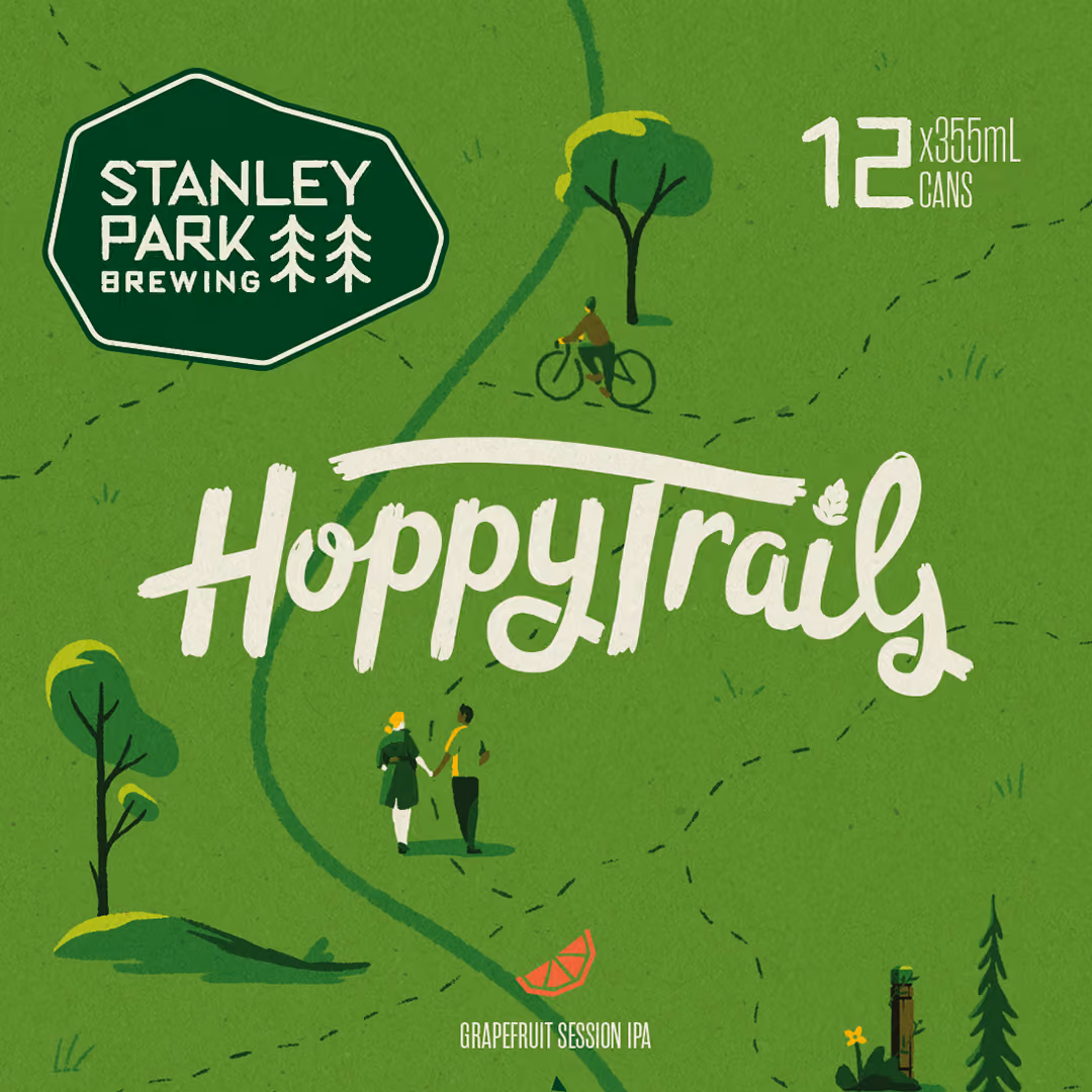 Green label for Stanley Park Brewing Hoppy Trails Grapefruit Session IPA with illustration of a bicyclist, two people walking, trees, and a grapefruit slice, and text indicating 12 cans of 355mL each.