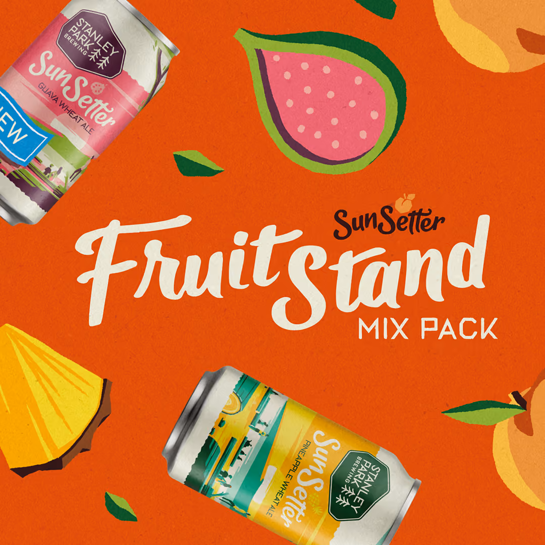 Bright orange background with slices of fruit and two beer cans from Stanley Park Brewing labeled SunSetter, featuring the text 'Fruit Stand Mix Pack' in white and yellow fonts.