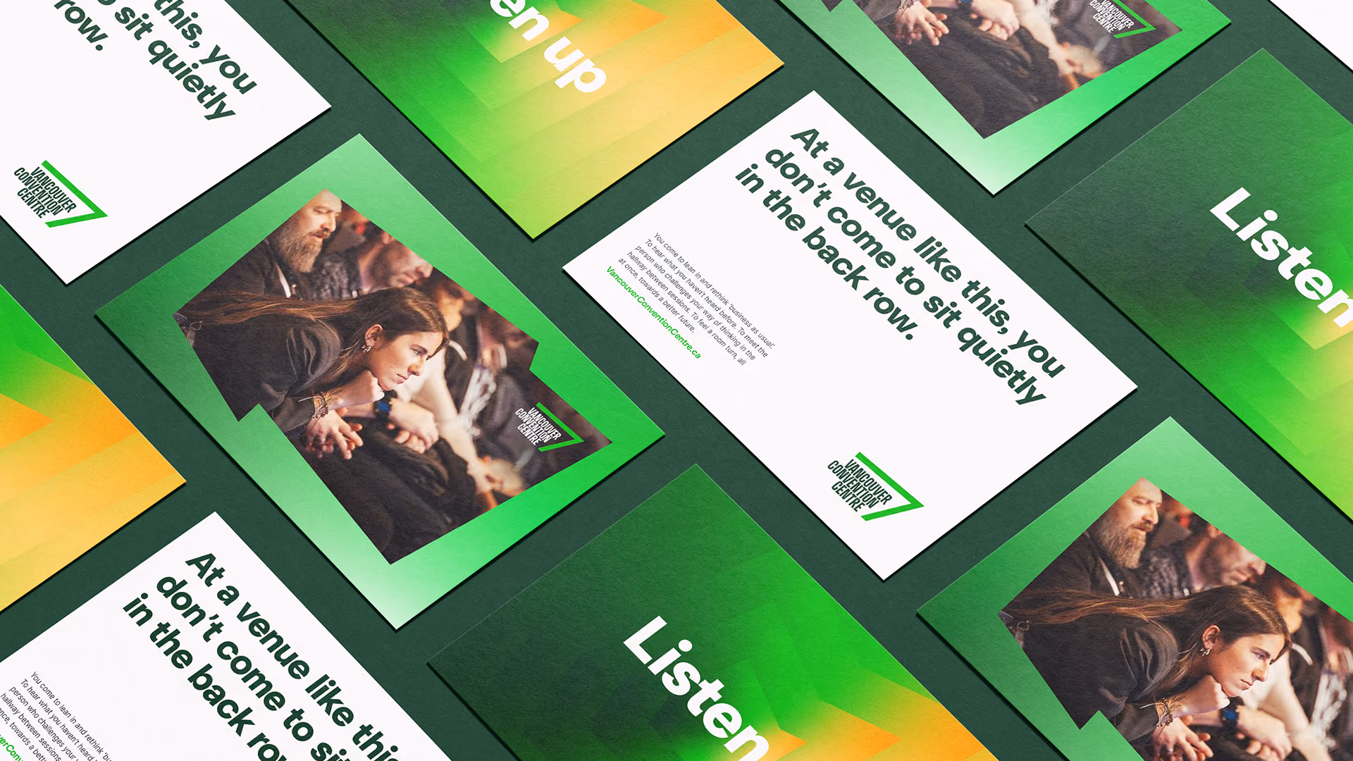 Design layout of Vancouver Convention Centre postcards featuring green gradient backgrounds, a photo of attentive audience members, and text saying 'At a venue like this, you don't come to sit quietly in the back row.'