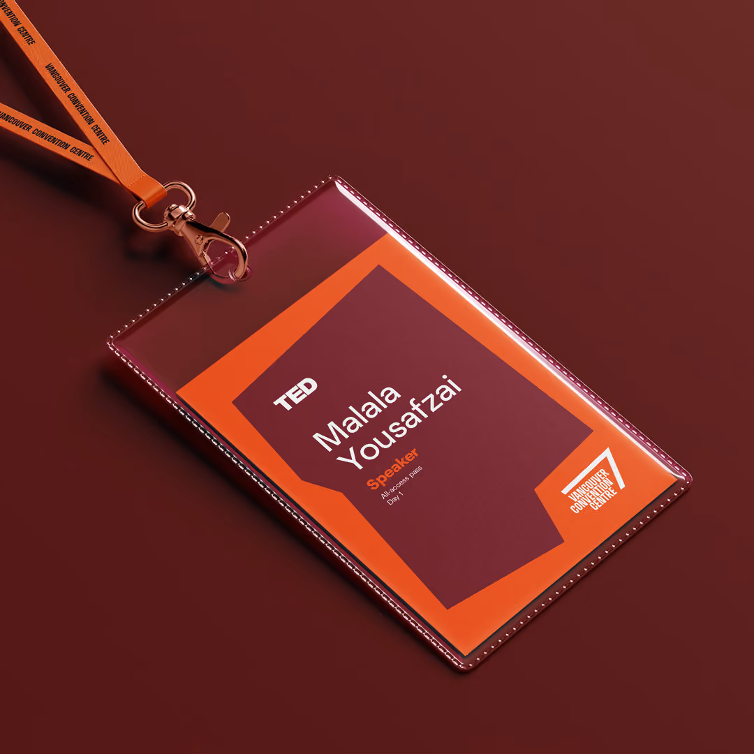Lanyard with sharp geometric shape design with the Vancouver Convention Centre logo and info for TED event speaker Malala Yousafzai with all access pass for Day 1.