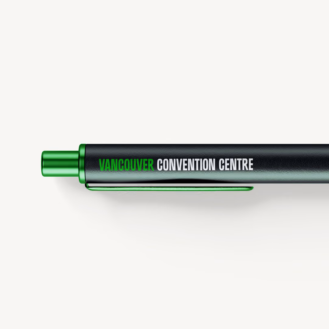 Dark green pen with green clip and button, labeled 'VANCOUVER CONVENTION CENTRE' with 'VANCOUVER' in green and the rest in white text.