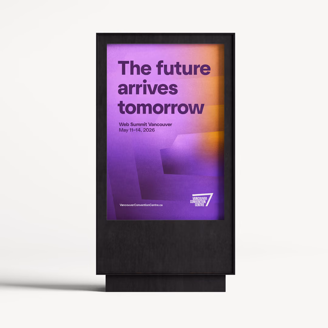 Digital display with a purple and orange gradient background showing the text: 'The future arrives tomorrow. Web Summit Vancouver May 11-14, 2026.' The Vancouver Convention Centre logo and website URL are at the bottom.