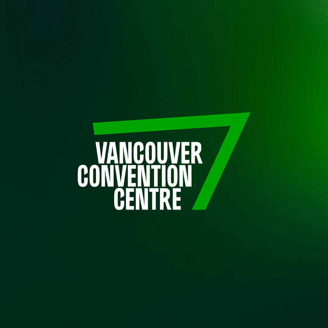 Logo reading 'VANCOUVER CONVENTION CENTRE' in bold white capital letters next to a stylized green angled line forming a right triangle on a dark green gradient background.