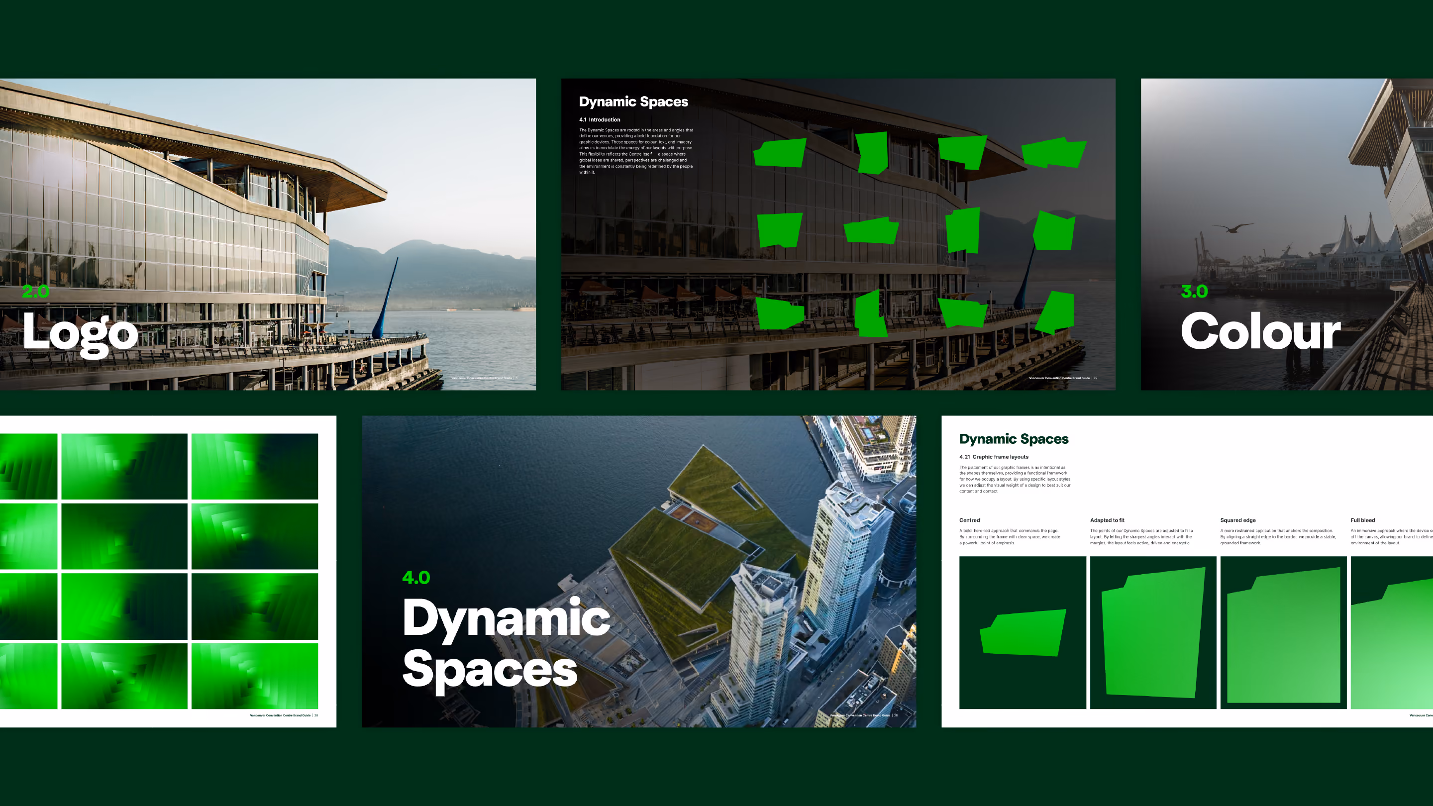 Six slides showing Vancouver Convention Centre brand guidelines including a photo of the building, logo title page, colour palette with green gradients, aerial view of buildings with green rooftop areas, and sharp green shapes labelled Dynamic Spaces.