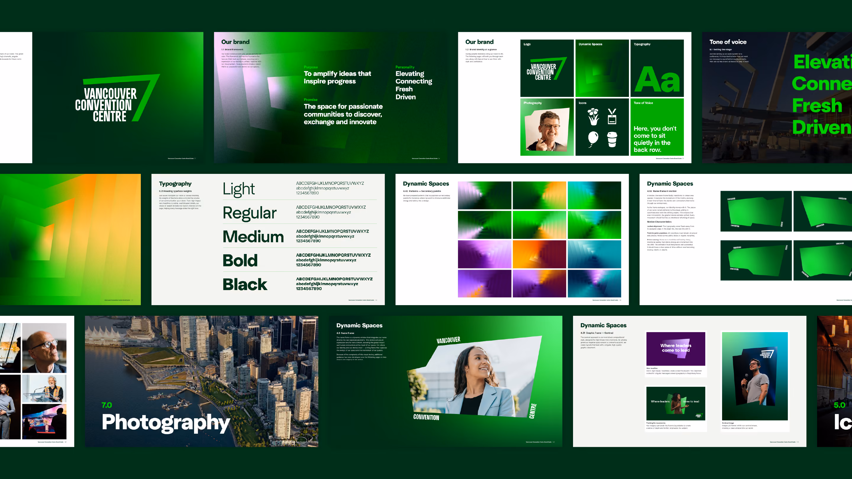 A digital brand identity guidelines presentation for Vancouver Convention Centre featuring the logo, colour gradients in green and purple, typography styles from light to black, dynamic graphic spaces, photography examples with cityscape and portraits, and tone of voice keywords like Elevating, Connecting, Fresh, Driven.