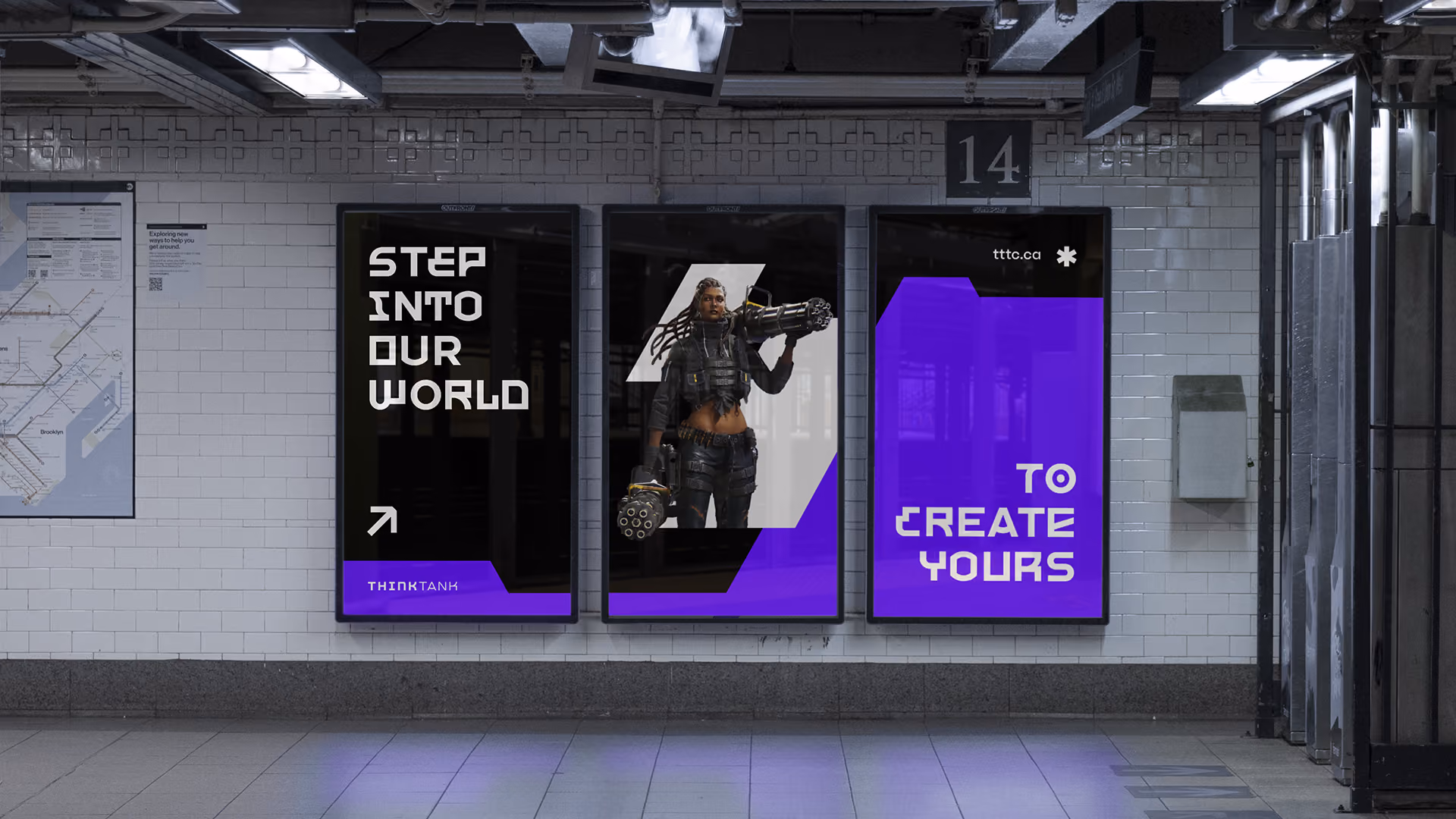 Three digital posters on a subway station wall with white tiled background: left poster says 'STEP INTO OUR WORLD' with a purple banner and arrow; center poster shows a woman in futuristic armour holding a large weapon; right poster says 'TO CREATE YOURS' with a purple banner and website 'tttc.ca'.