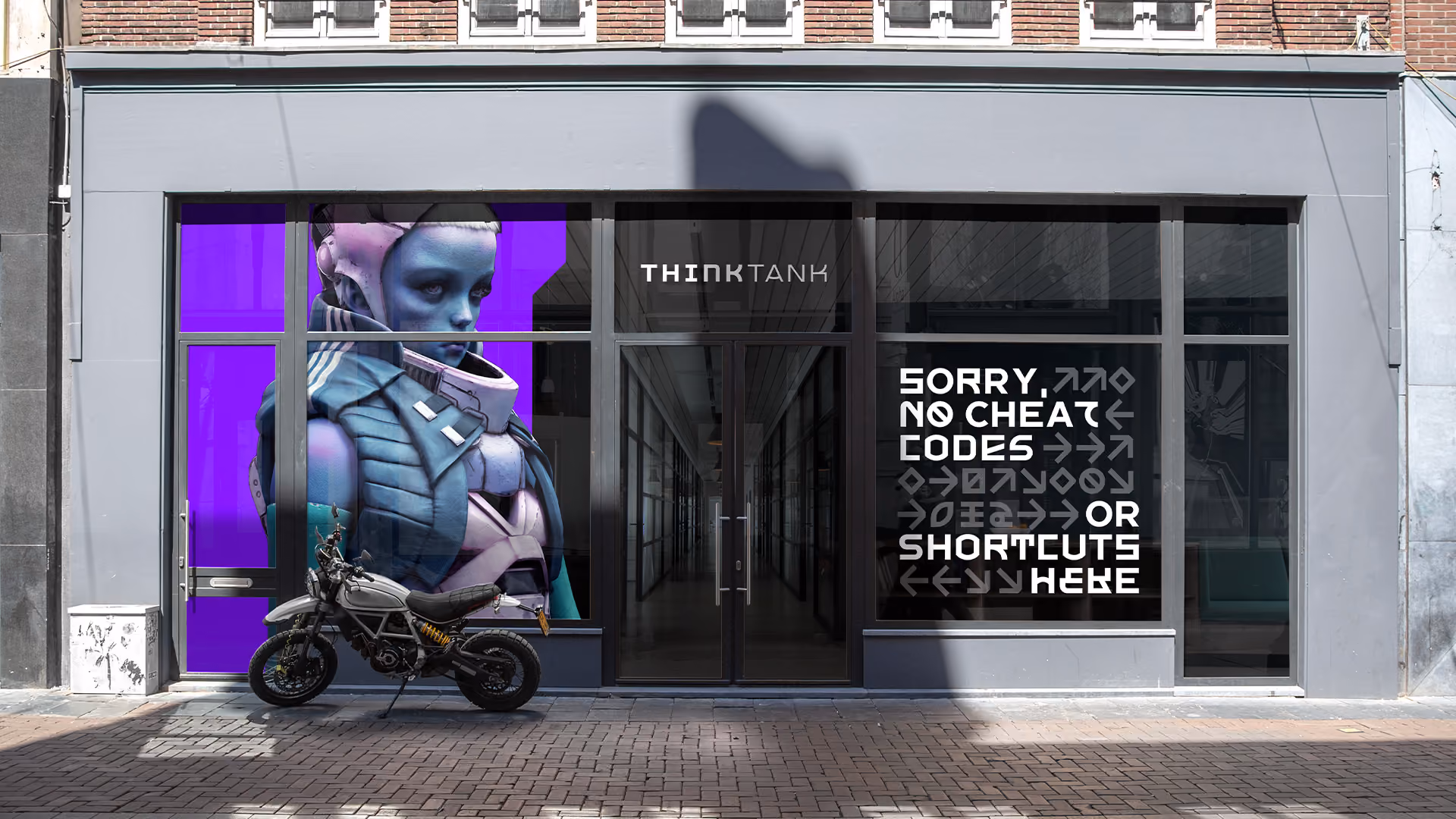 Modern storefront with large glass windows shows a 3D modeled futuristic, armoured humanoid figure on the left and bold text on the right saying, "SORRY, NO CHEAT CODES OR SHORTCUTS HERE" with stylized arrows and symbols, under the logo THINKTANK above the entrance.