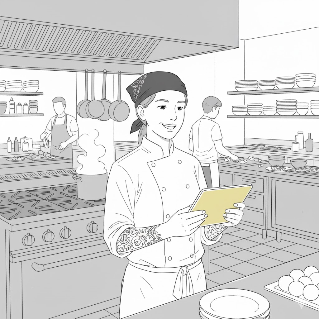 Woman chef in kitchen holding a tablet