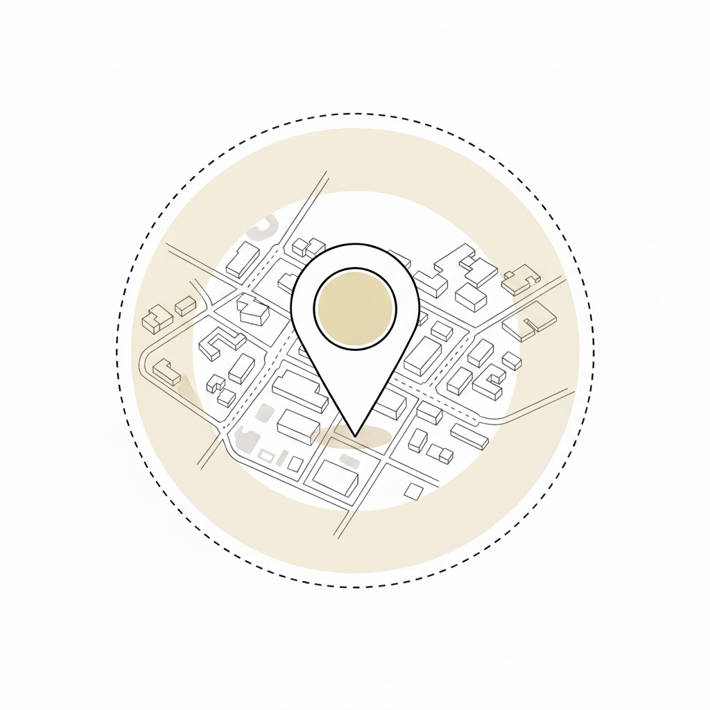 Circle around a map pin indicating a geographic area for ads