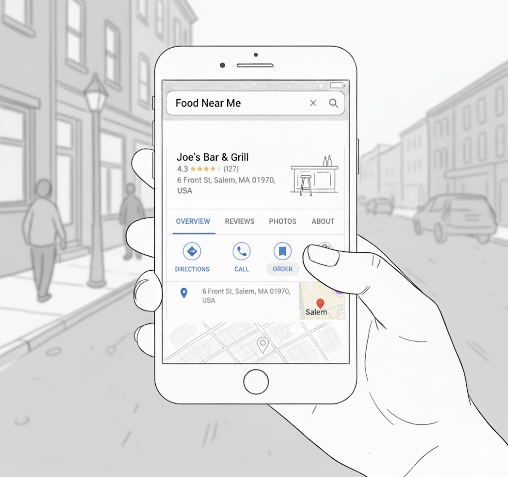 Hand Holding Phone Doing A Local Search For Restaurant