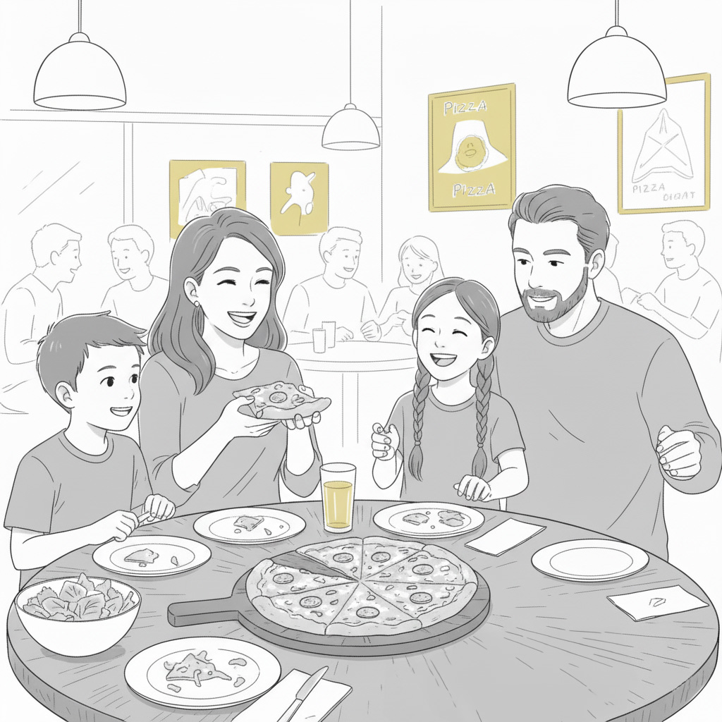 Family Eating At Pizza Restaurant And Laughing Together