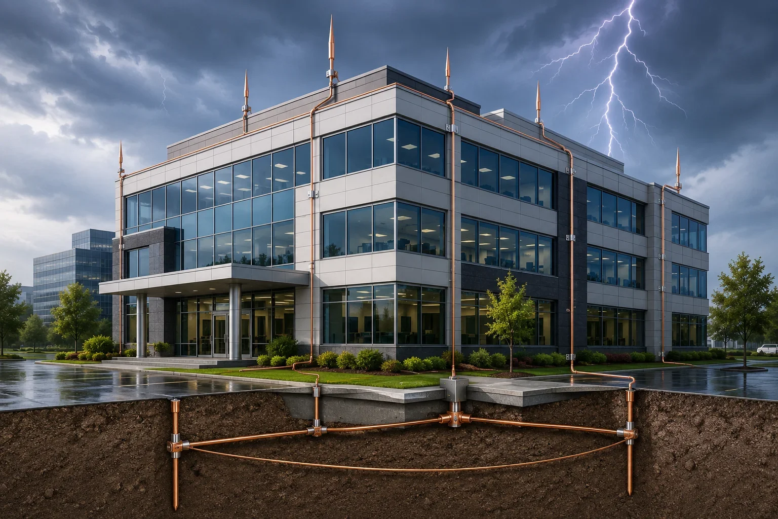 Commercial building equipped with a professionally installed lightning protection system featuring rooftop air terminals, copper conductors, and grounding rods during a thunderstorm.