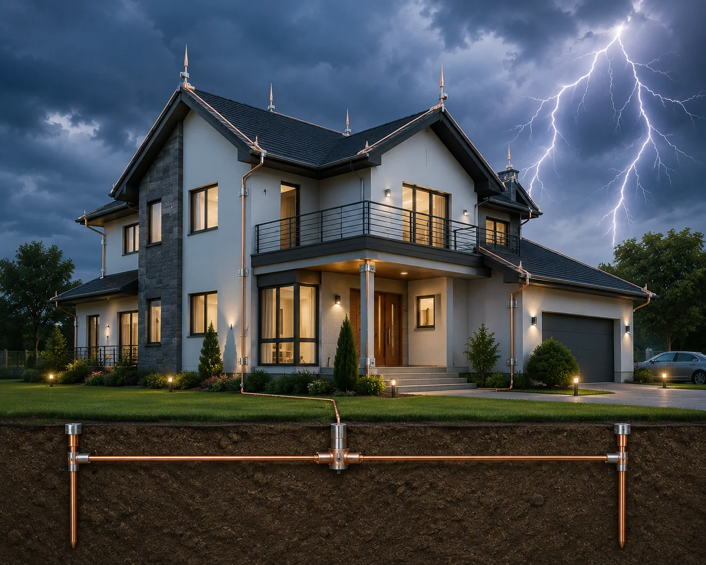 Commercial building equipped with a professionally installed lightning protection system featuring rooftop air terminals, copper conductors, and grounding rods during a thunderstorm.