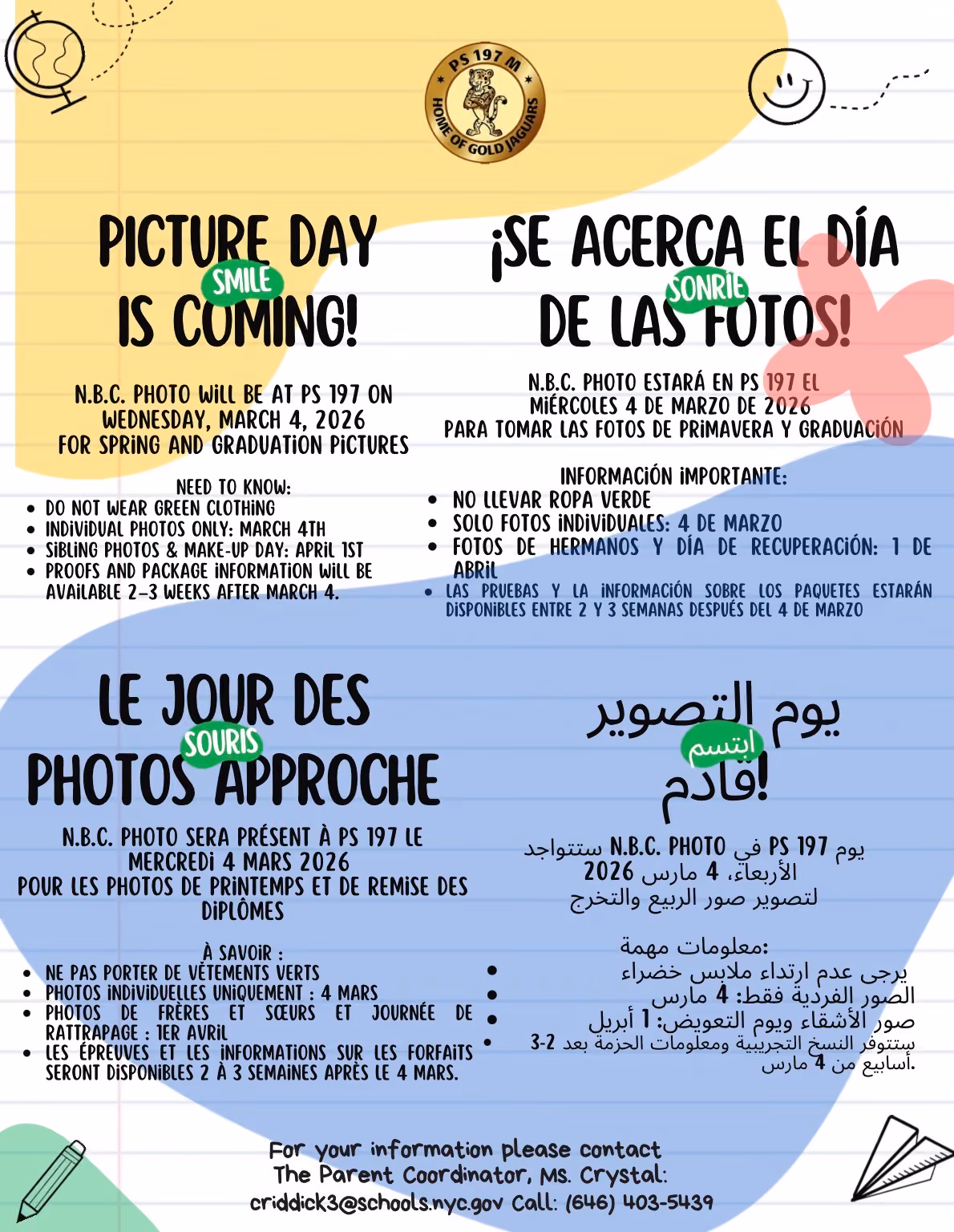 Picture Day announcement flyer in four languages