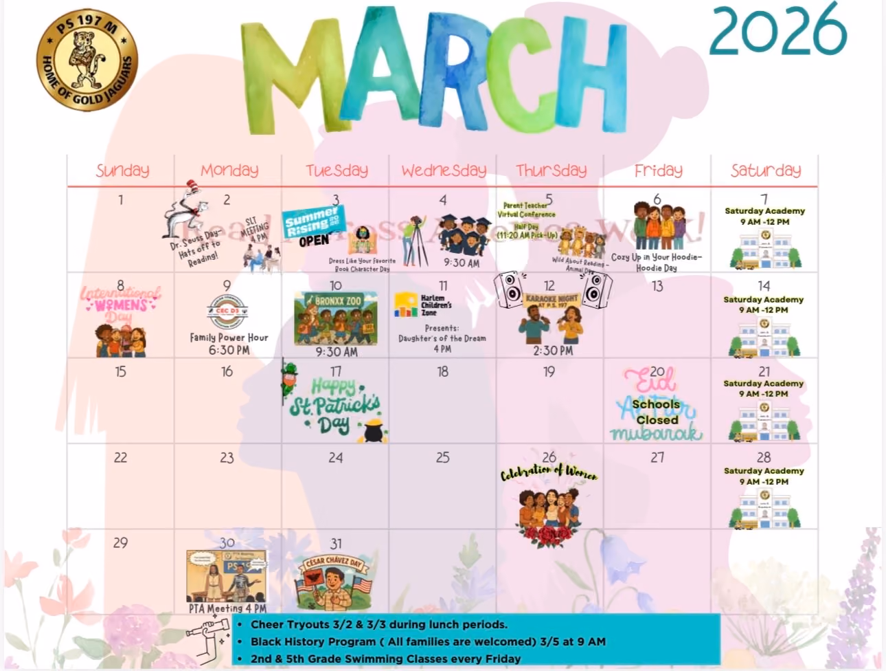 March 2026 school calendar with events and activities