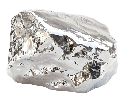 Shiny metallic silver nugget with rough and irregular surface.