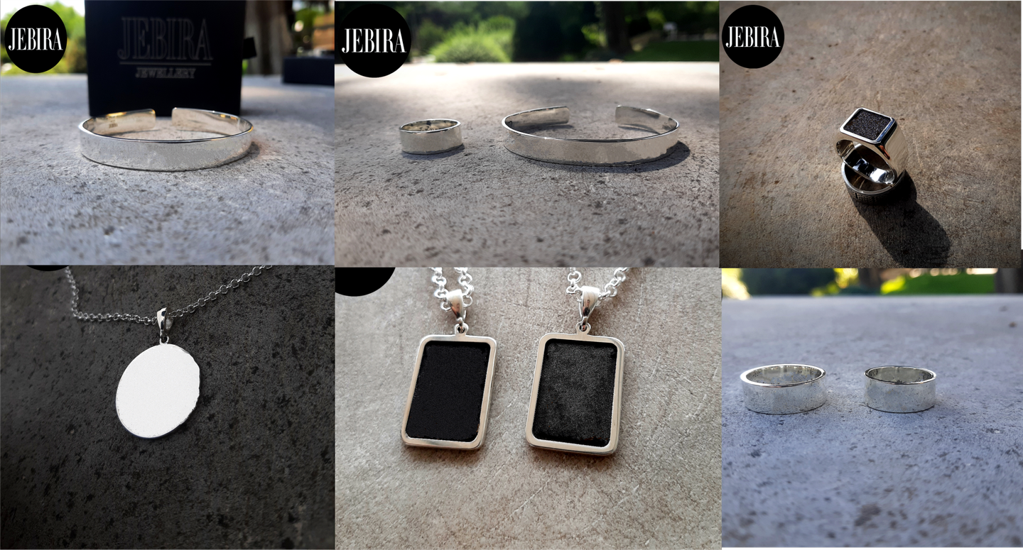 Collage of silver jewelry pieces including a bracelet, two rings, a round pendant necklace, and two rectangular pendant necklaces with black insets, displayed on stone surfaces.
