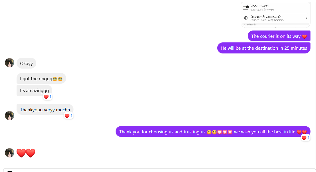 Chat conversation with customer confirming receipt of a ring, expressing happiness and gratitude, and seller thanking and wishing best wishes with heart emojis.